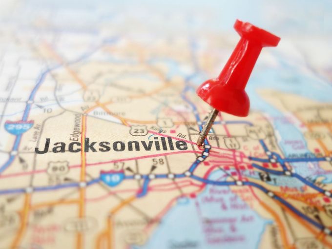 A red pin is pinned to a map of jacksonville