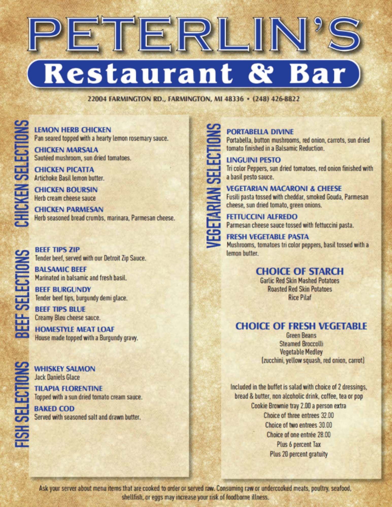 A menu for peterlin 's restaurant and bar.