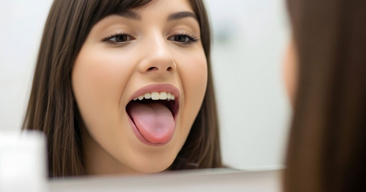 Woman With Tongue Out, Looking at Her Reflection — Trinity Beach Dental In Trinity Beach, QLD