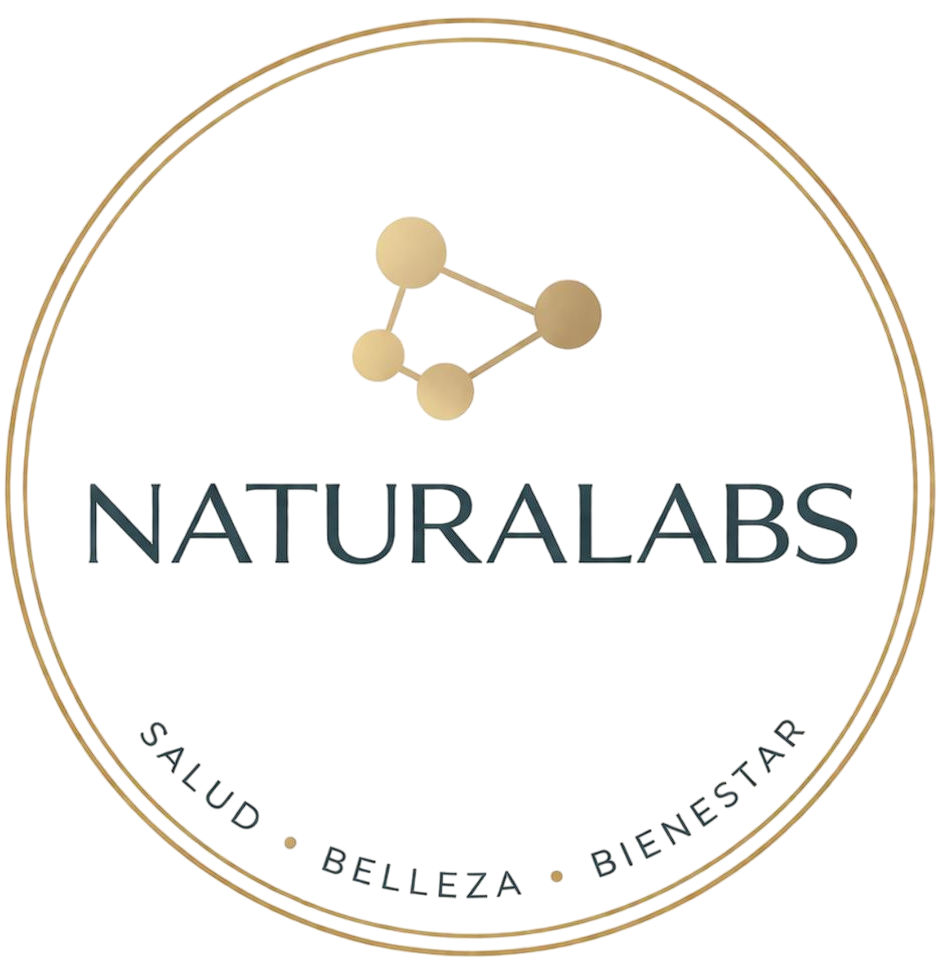 NATURALABS logo with gold molecule icon and circular text “SALUD • BELLEZA • BIENESTAR”