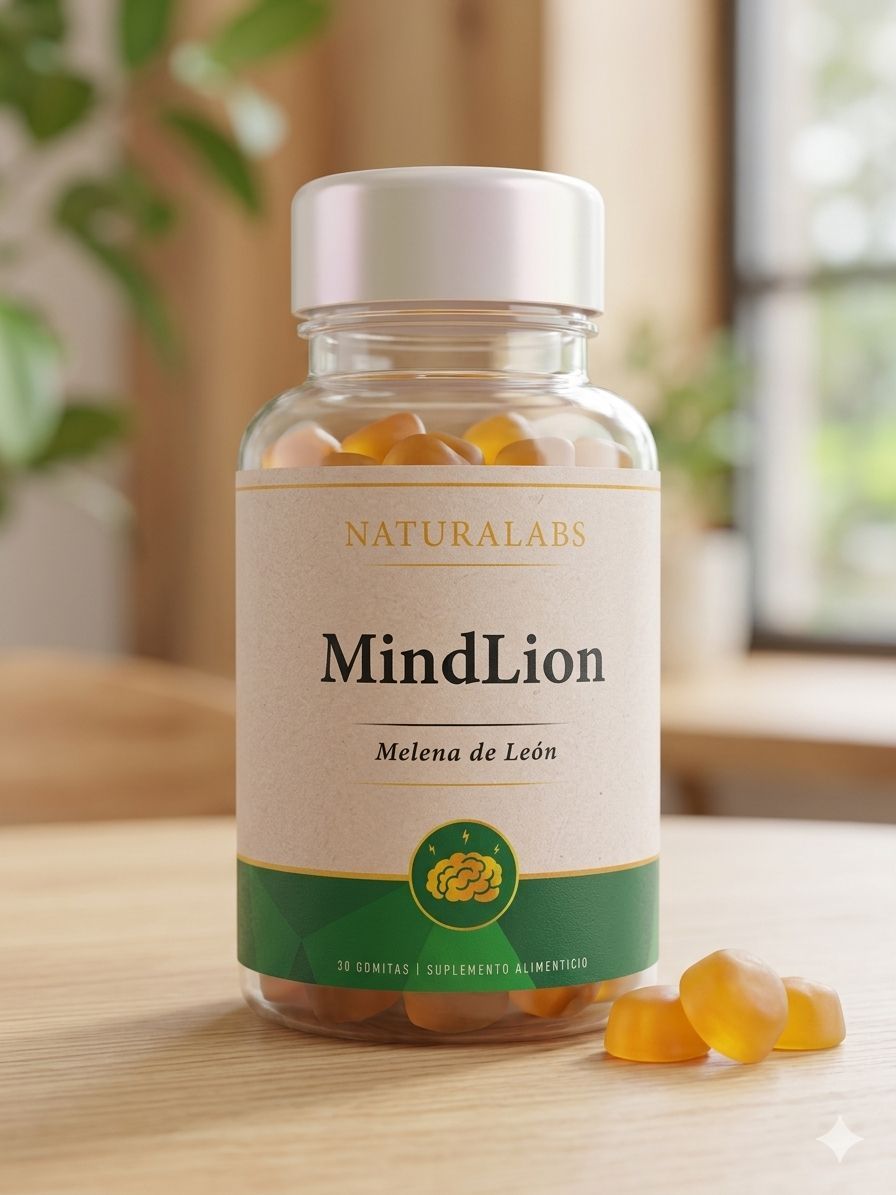 Un frasco de suplemento MindLion sobre una mesa junto a dos gomitas amarillas en un ambiente interior cálido.