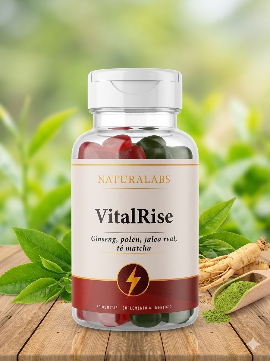 Frasco de suplemento VitalRise sobre una mesa de madera con hojas verdes y raíces de jengibre al fondo.