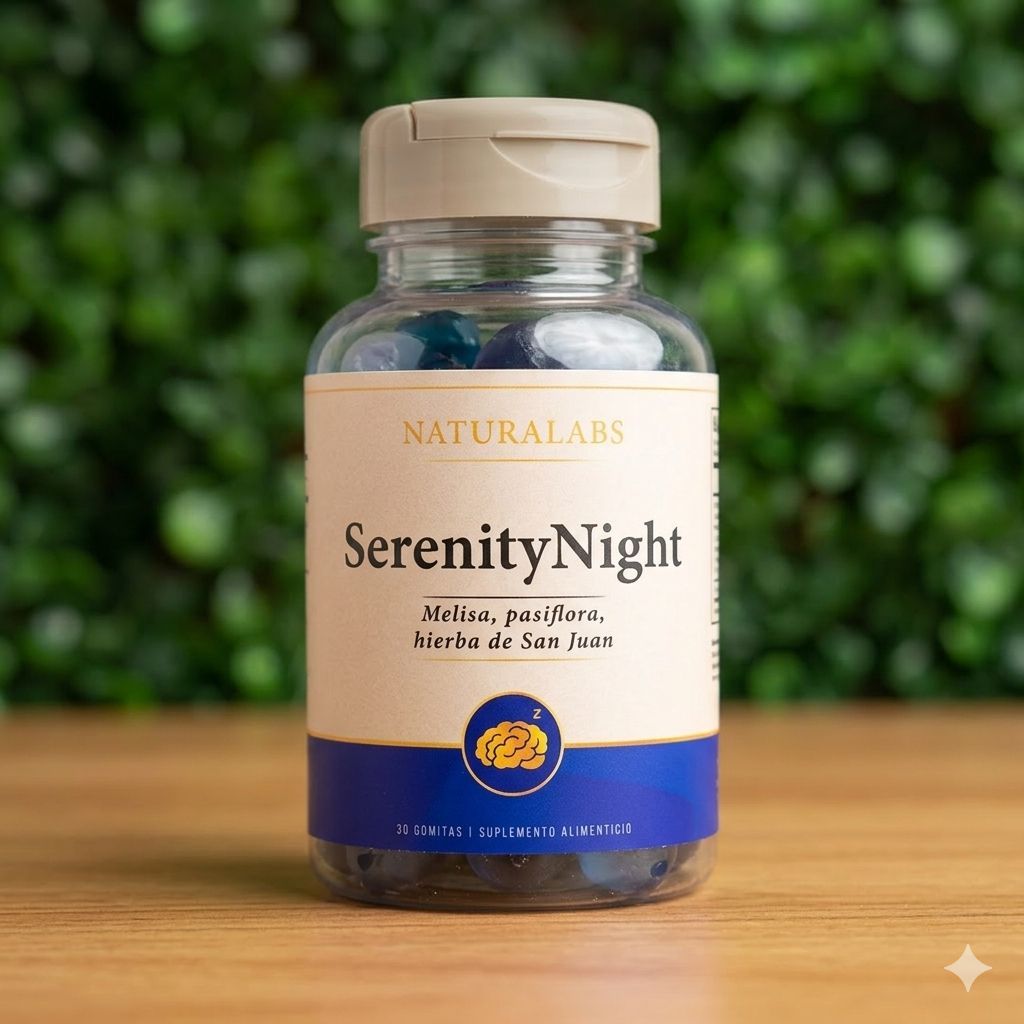 Frasco del suplemento NaturalLabs SerenityNight con etiqueta beige y base azul sobre una superficie de madera.