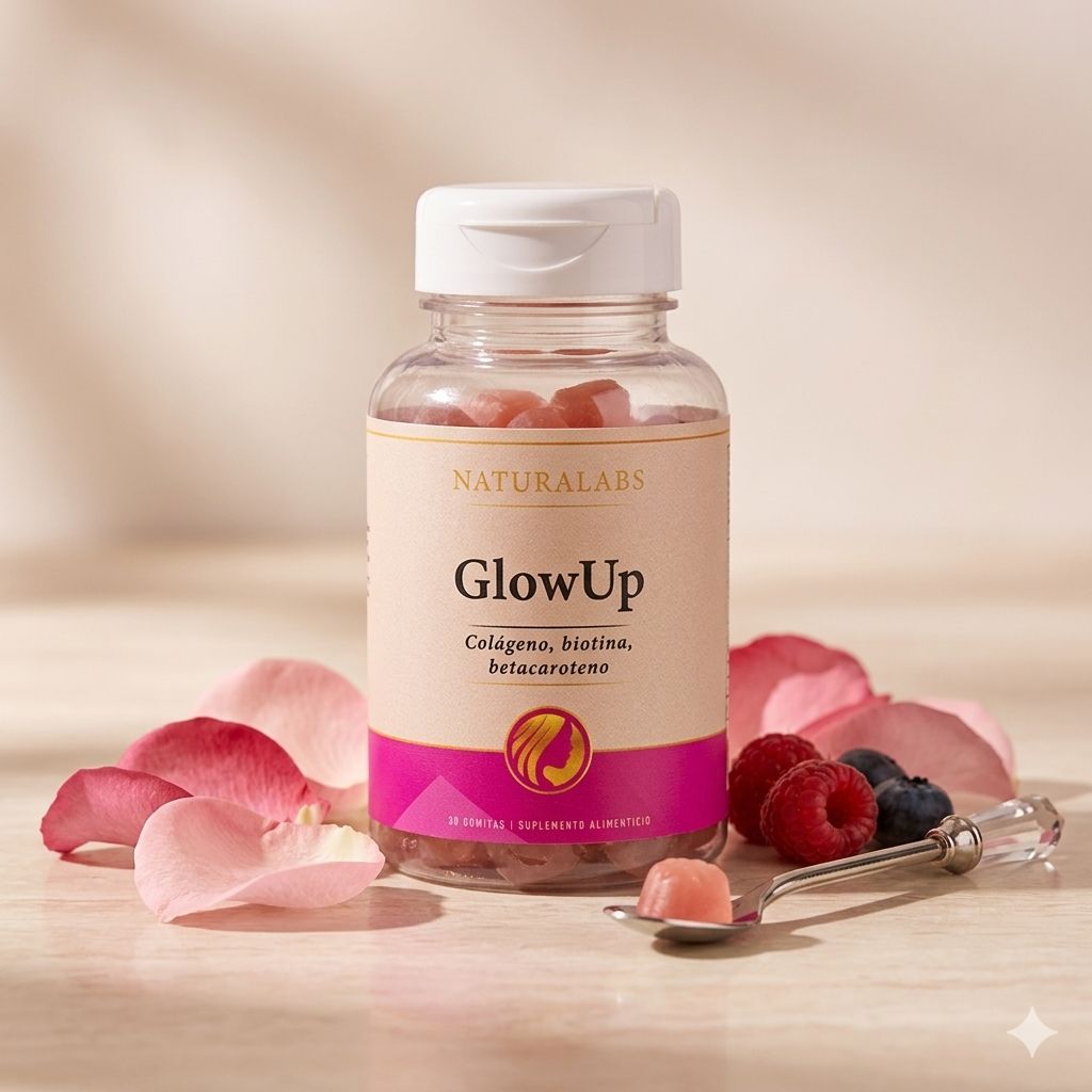 Frasco del suplemento GlowUp con pétalos rosas, bayas y una cuchara sobre un fondo beige suave.