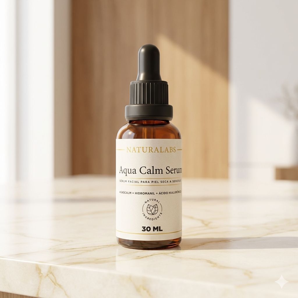 Frasco cuentagotas ámbar de Aqua Calm Serum sobre una superficie de mármol iluminada por el sol.
