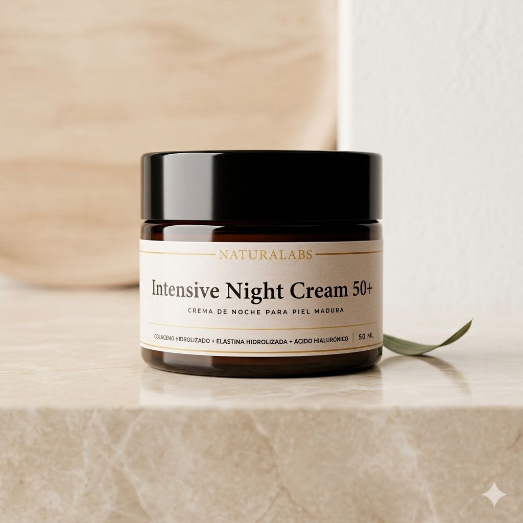 Tarro de crema de noche de lujo con tapa negra sobre una superficie de piedra beige.