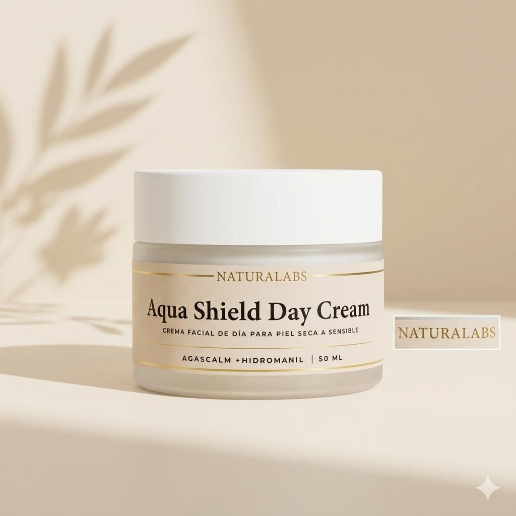 Tarro de crema de día Naturlans Aqua Shield sobre fondo beige con suaves sombras de hojas.