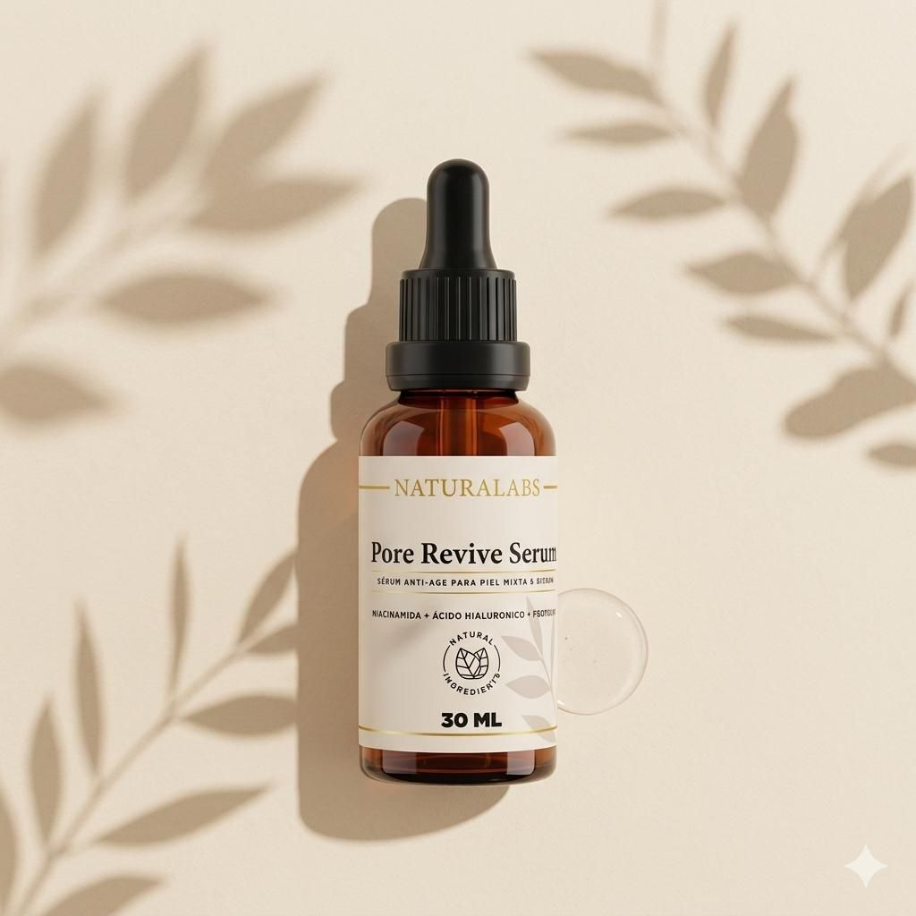 Frasco cuentagotas de color ámbar con sérum facial y etiqueta beige sobre fondo neutro con sombras de hojas.
