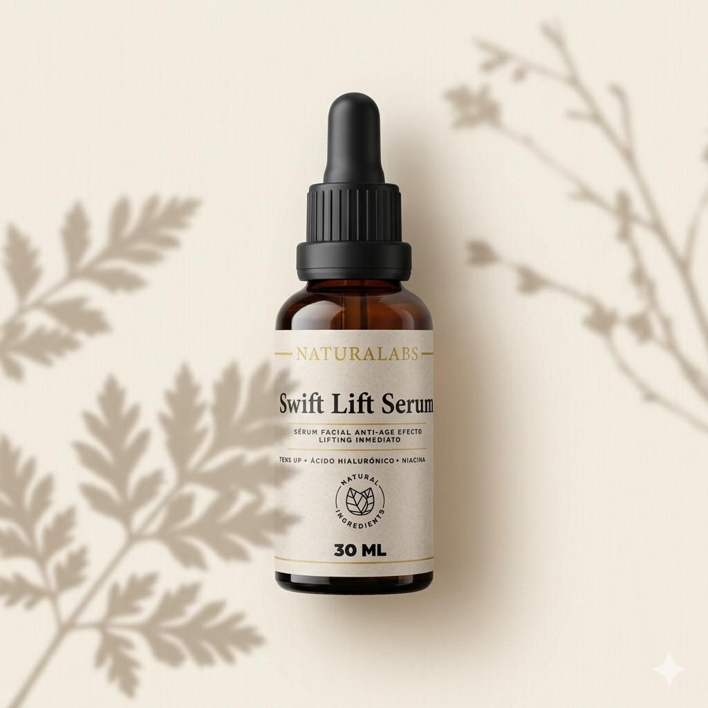 Frasco marrón de sérum Swift Lift con gotero negro sobre fondo beige con sombras de hojas.