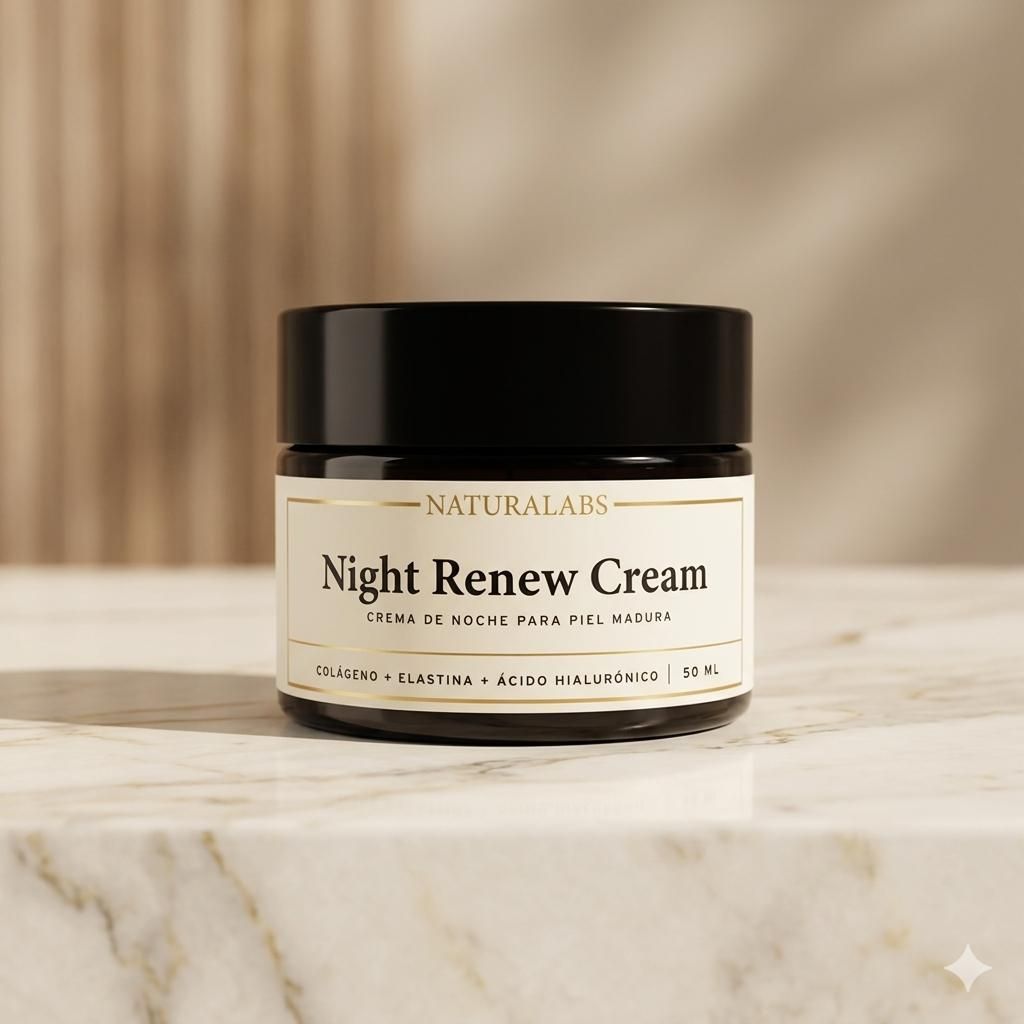 Tarro de crema Night Renew con tapa negra sobre una superficie de mármol sobre un fondo beige cálido.