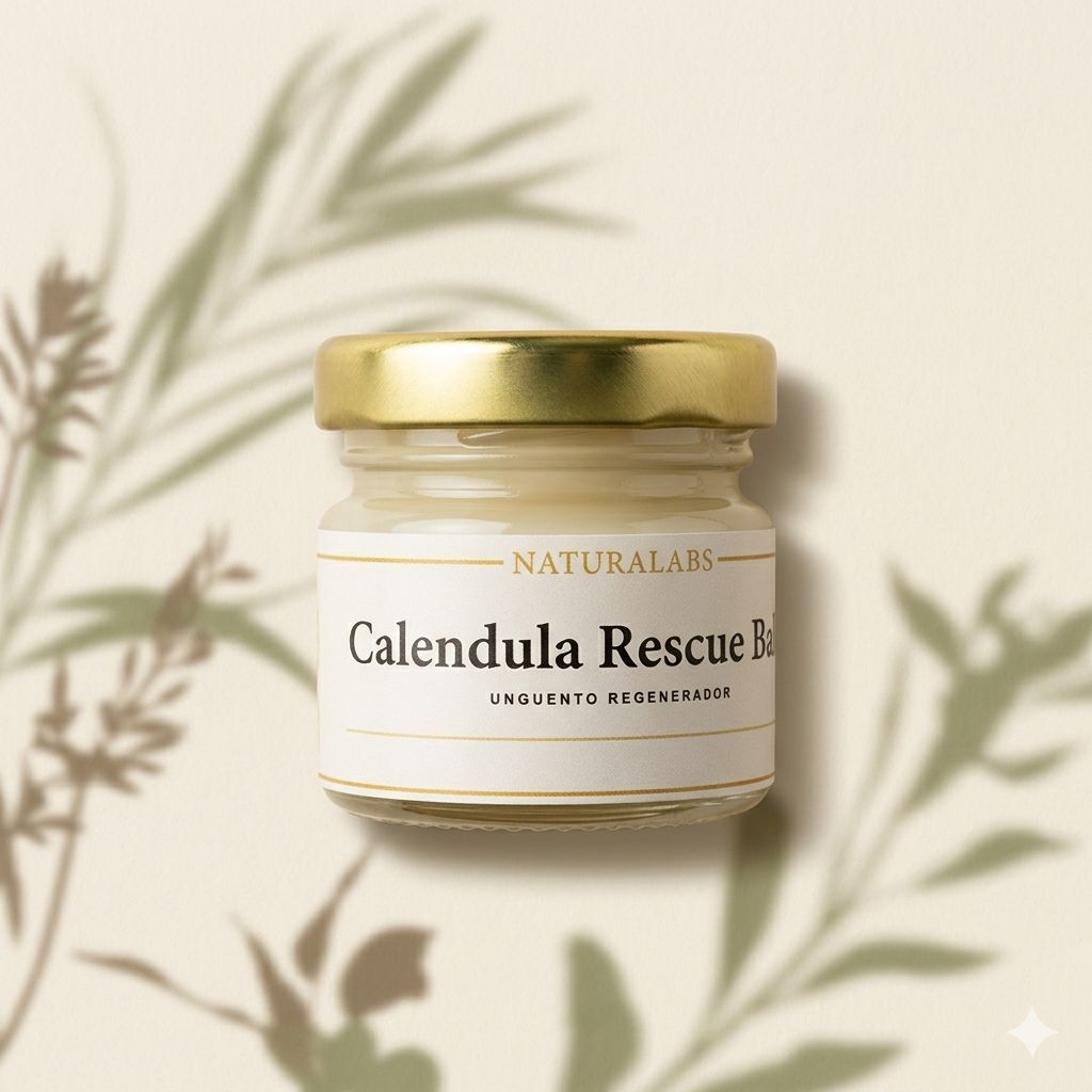 Pequeño frasco de vidrio de bálsamo Calendula Rescue con tapa dorada sobre un fondo beige con sombras de hojas.