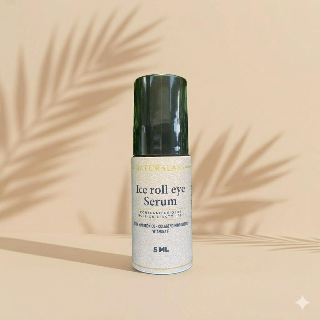 Frasco pequeño de sérum roll-on blanco para ojos con tapa verde oscuro sobre una superficie beige,