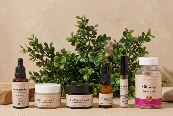 Productos para el cuidado de la piel dispuestos en fila con una pequeña planta verde de fondo sobre una superficie beige.