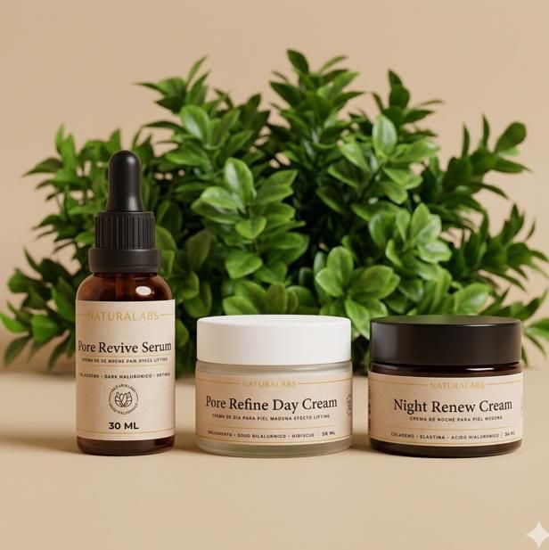 Tres productos para el cuidado de la piel con un fondo vegetal verde: sérum, crema de día y crema de noche.
