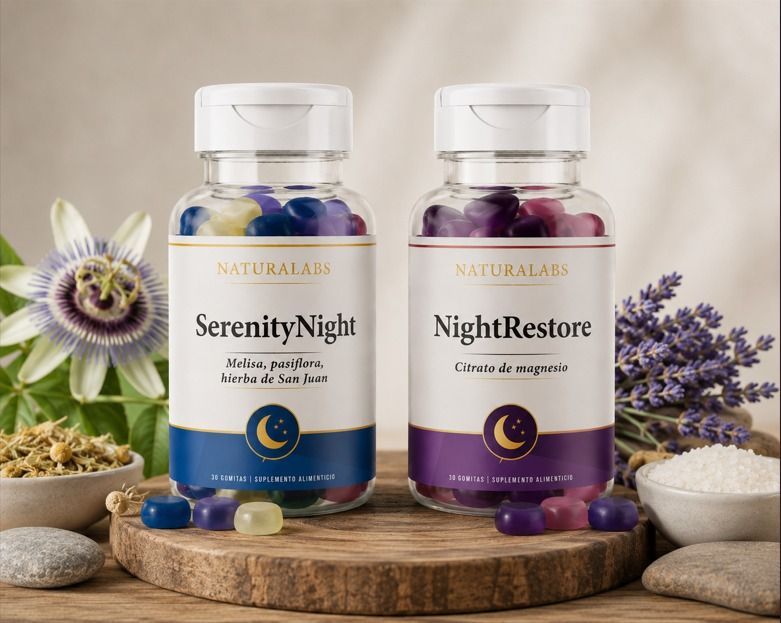 Dos frascos de suplemento para dormir con aroma a lavanda sobre una bandeja rústica con flores y piedras, etiquetados