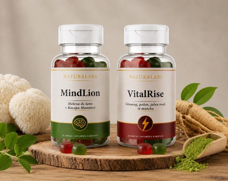 Dos frascos de suplementos NaturKlas sobre una tabla de madera, uno verde MindLion y uno rojo VitalRise,