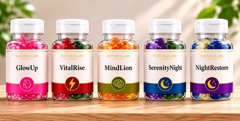 Cinco frascos de suplementos etiquetados como GlowUp, VitalRise, MindLion, SerenityNight y NightRestore
