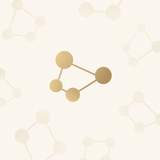 Icono de red molecular dorada sobre un fondo beige pálido con tenues patrones hexagonales.