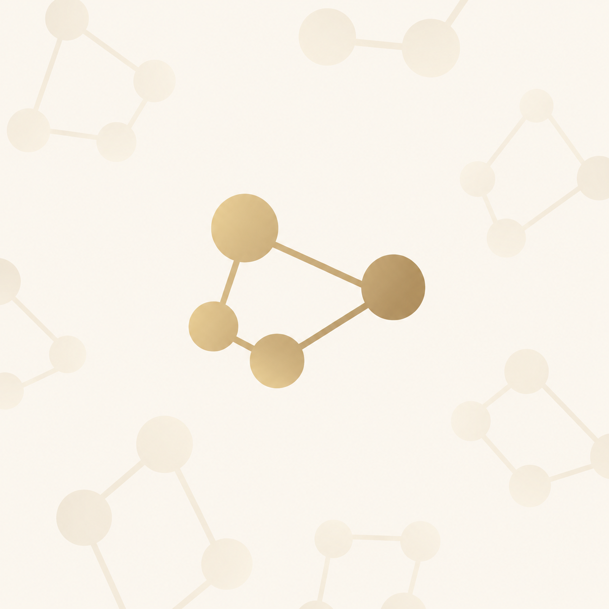 Icono de red molecular dorada sobre un fondo beige pálido con tenues patrones hexagonales.