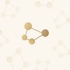 Icono de red molecular dorada sobre un fondo beige pálido con tenues patrones hexagonales.