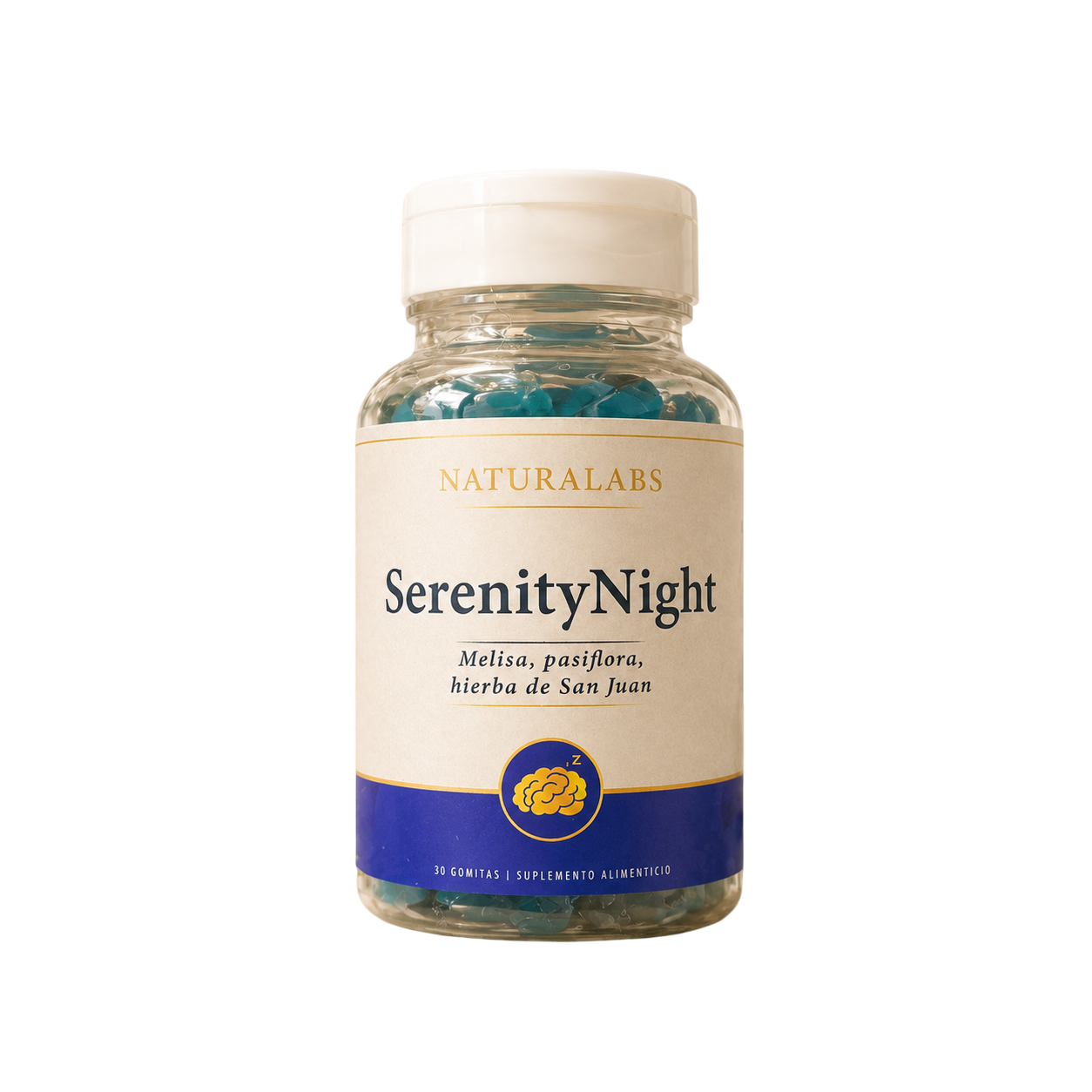 Botella de suplemento para dormir NaturalAirs SerenityNight con etiqueta beige y banda azul.