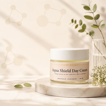 Tarro de crema de día Aqua Shield sobre un pedestal de mármol con fondo beige suave y hojas verdes.
