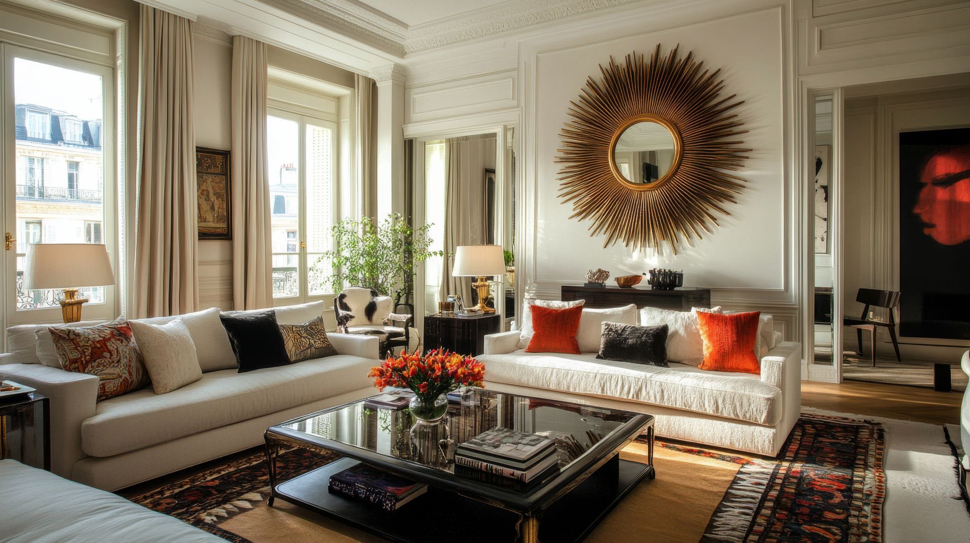 Elegant living room with floating furniture arrangement, layered textures, and thoughtful placement
