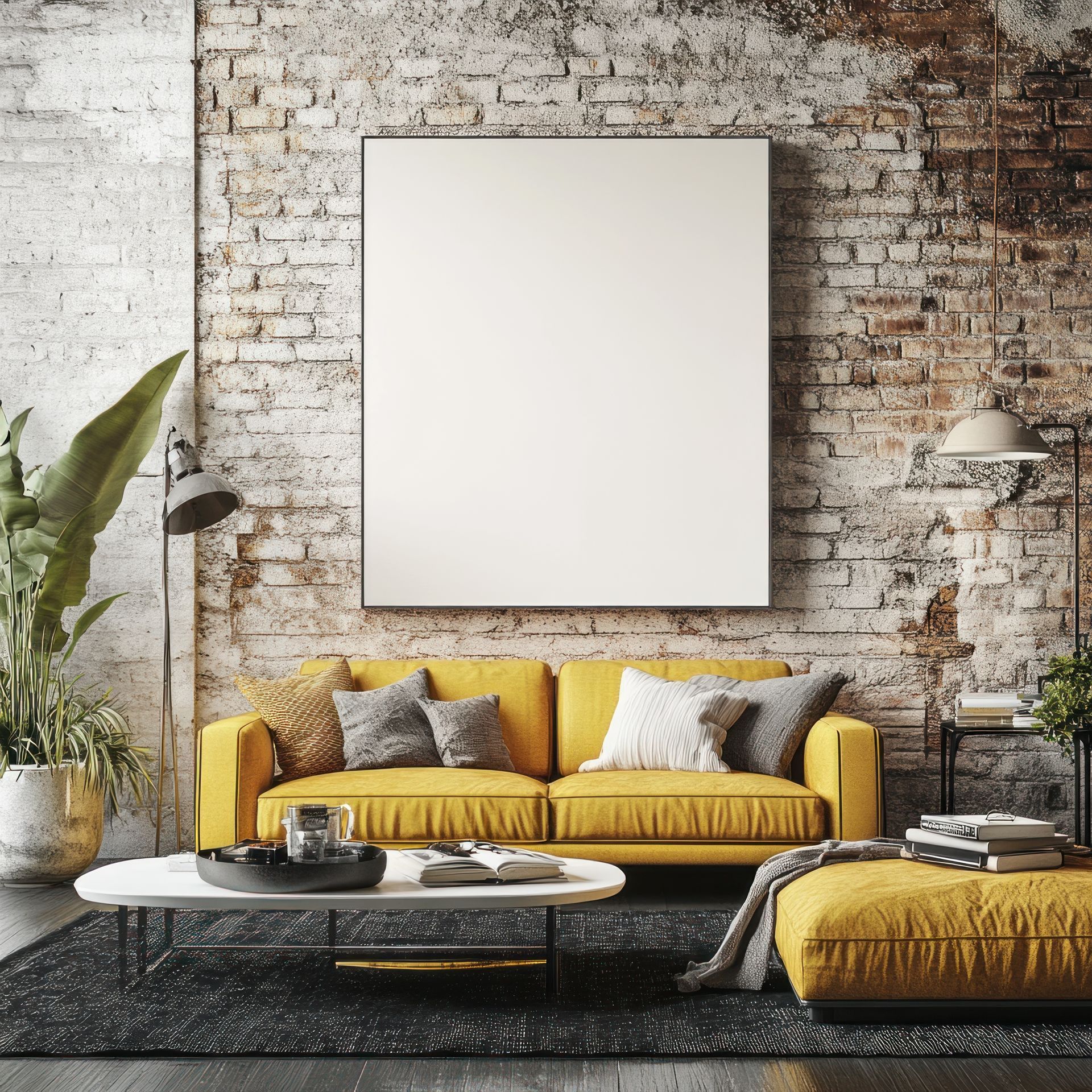 Yellow couch and ottoman in a room with exposed brick accent wall, large white framed art, and coffee table.