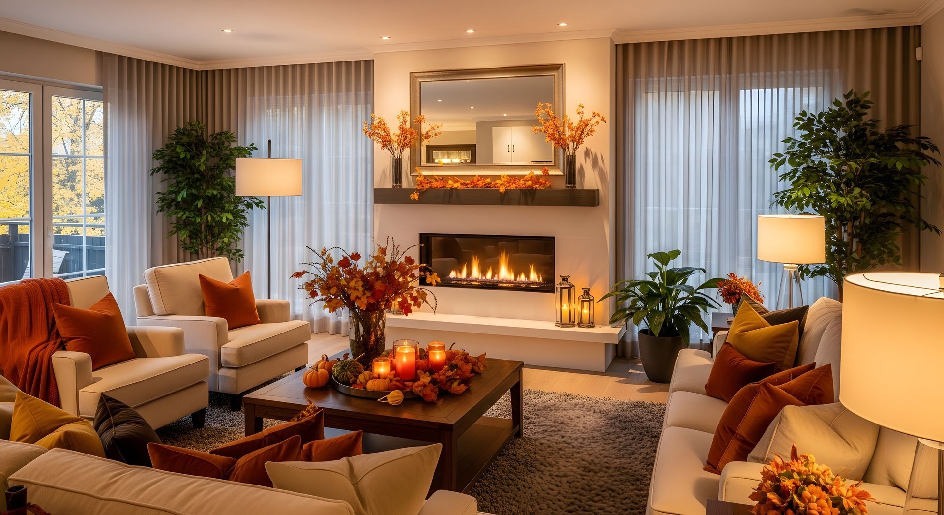 Cozy living room with fireplace, decorated in fall colors. White sofas, orange accents, warm lighting, and plants.