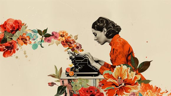 Smartphone with a blank screen, keyboard, coffee, pen, napkin, and flowers on a beige surface.