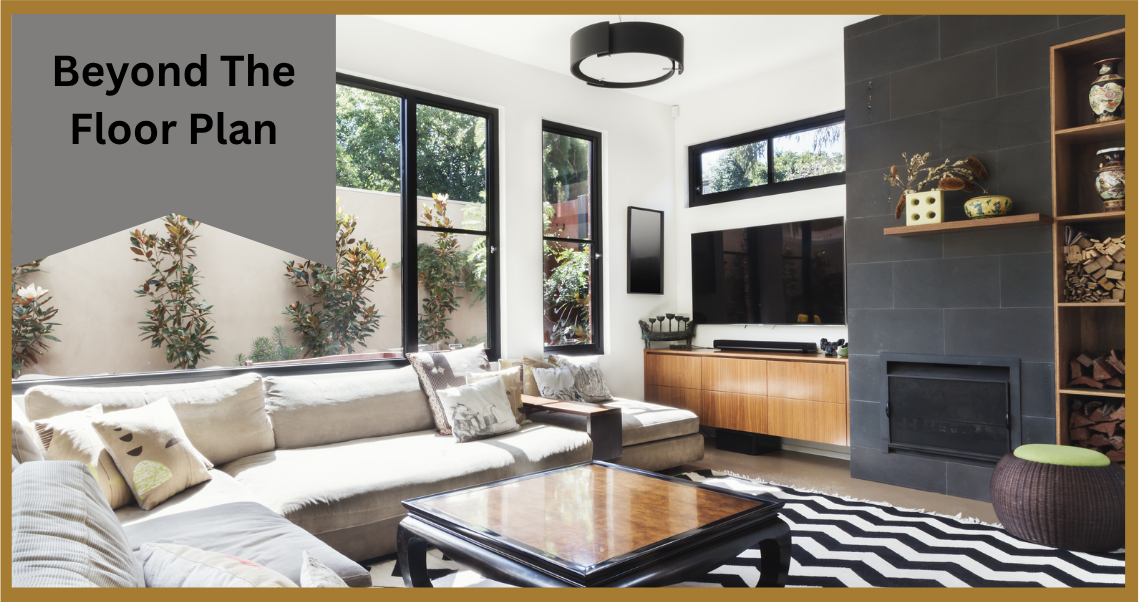 Modern living room with natural sectional, and fireplace, designed for real-life comfort and flow.