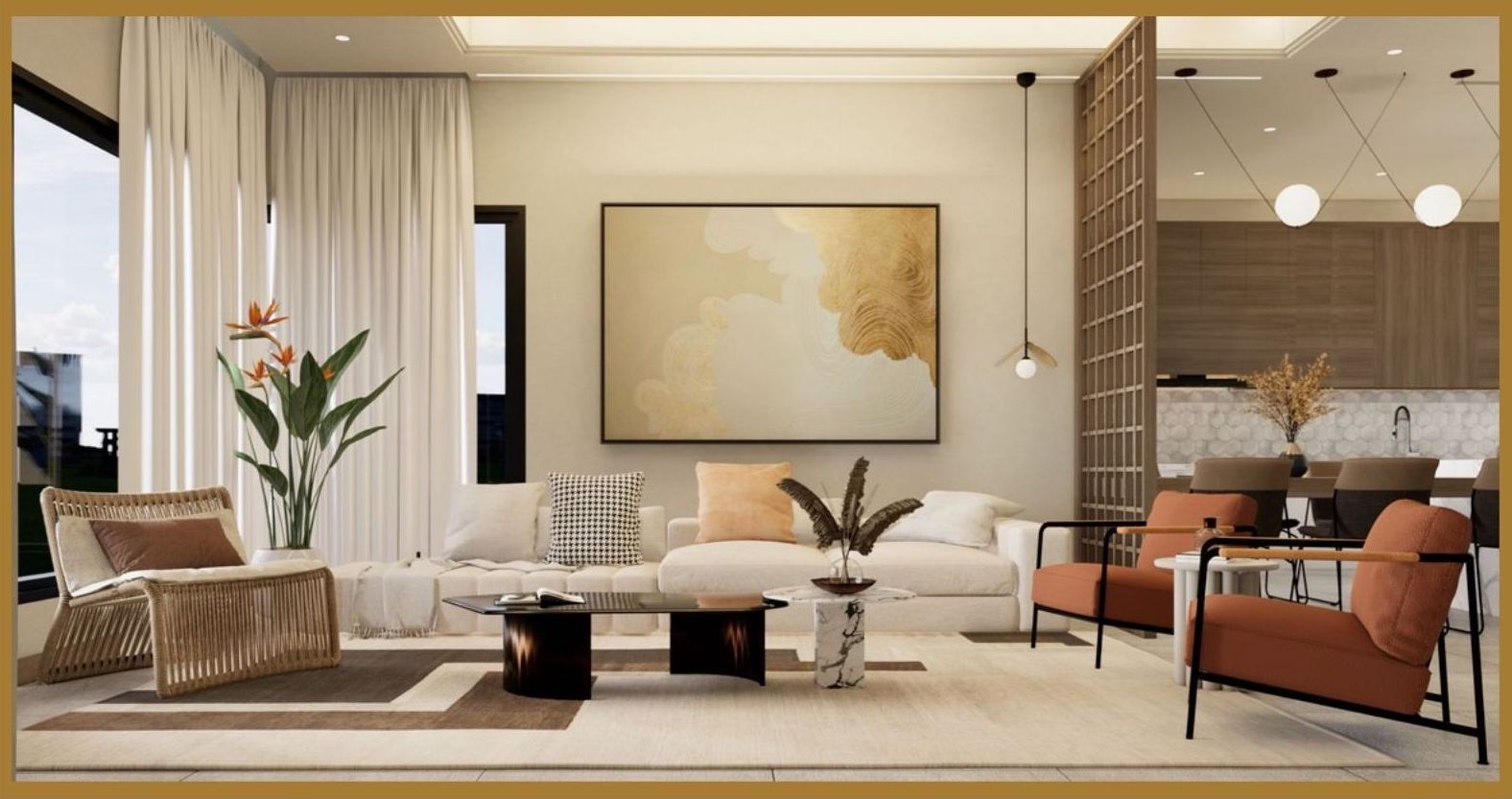 A living room with a couch , chairs , and a painting on the wall.