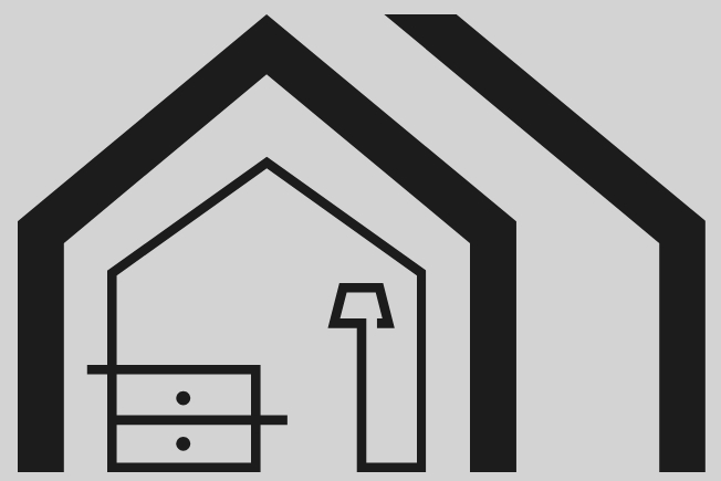 Black outlines of three houses layered with a dresser and lamp.