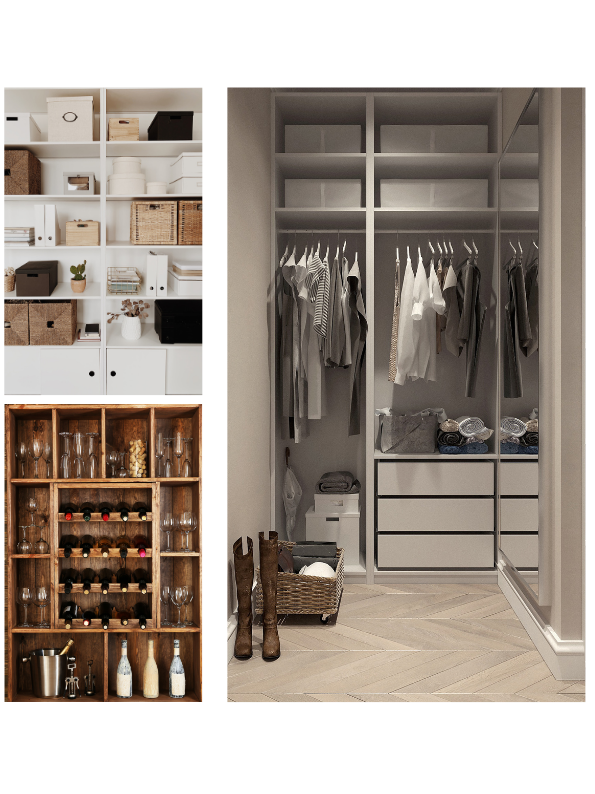A collage of two closets and a vertical wall wine rack.