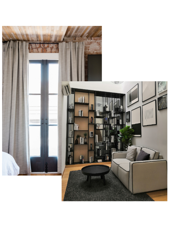 A collage of a living room with a sofa, and a bookshelf and french door with long drapery panels