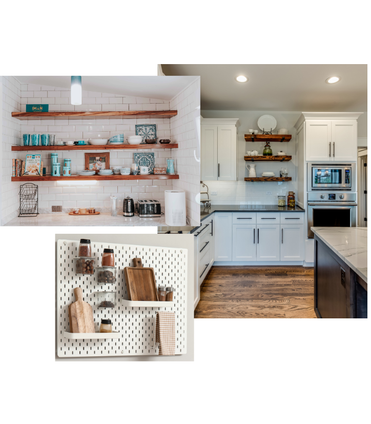 Three kitchen pictures with examples of floating wooden shelves and pegboard for extra storage.