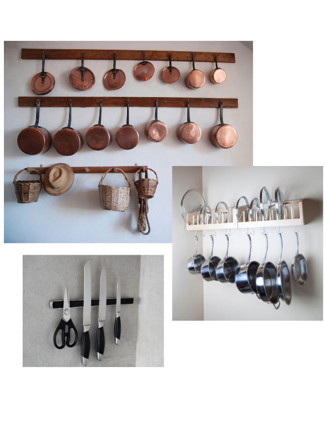 Examples of hanging pot rack and magnetic stip for knife storage.