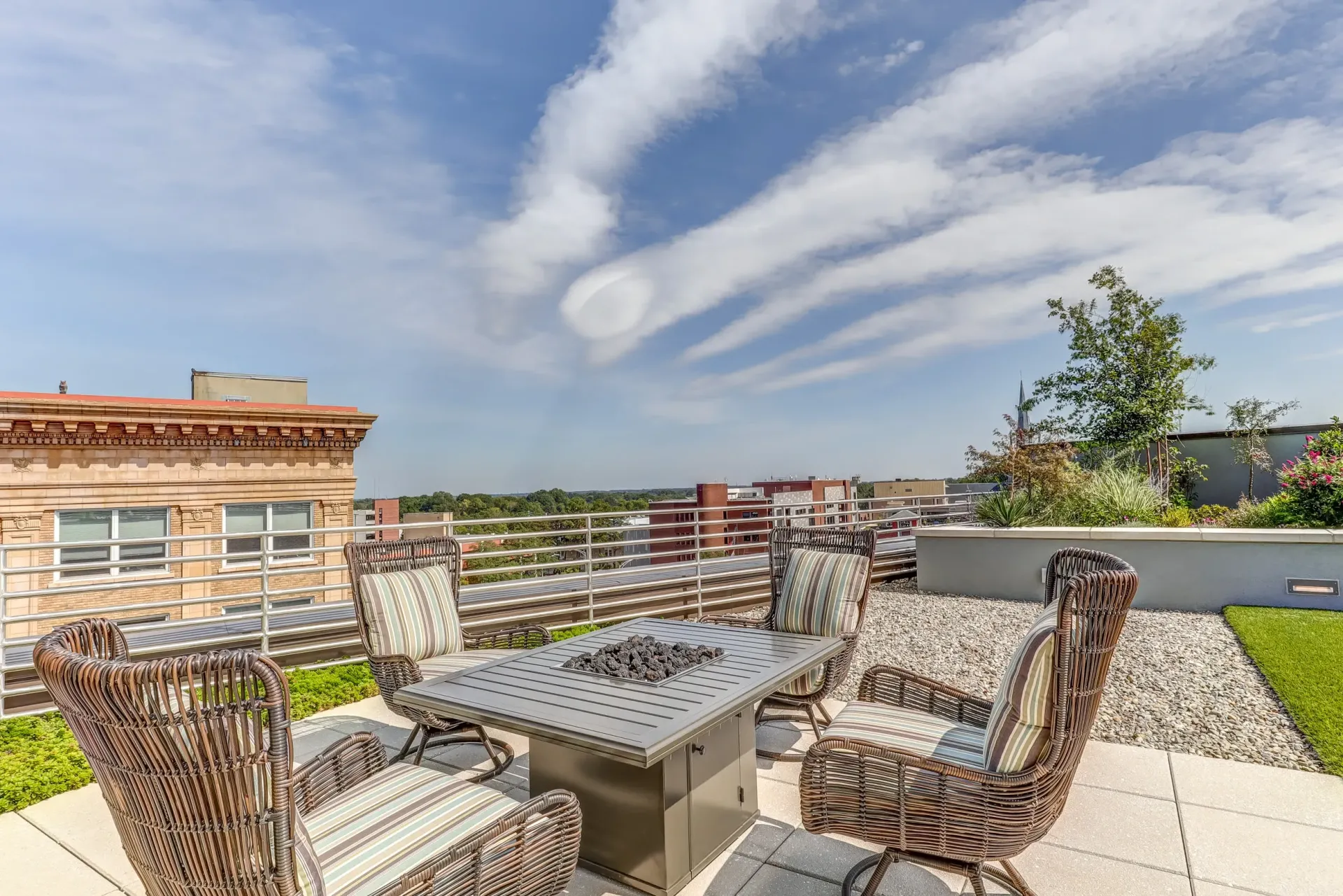 Rooftop patio with seating and fire pit overlooking city skyline