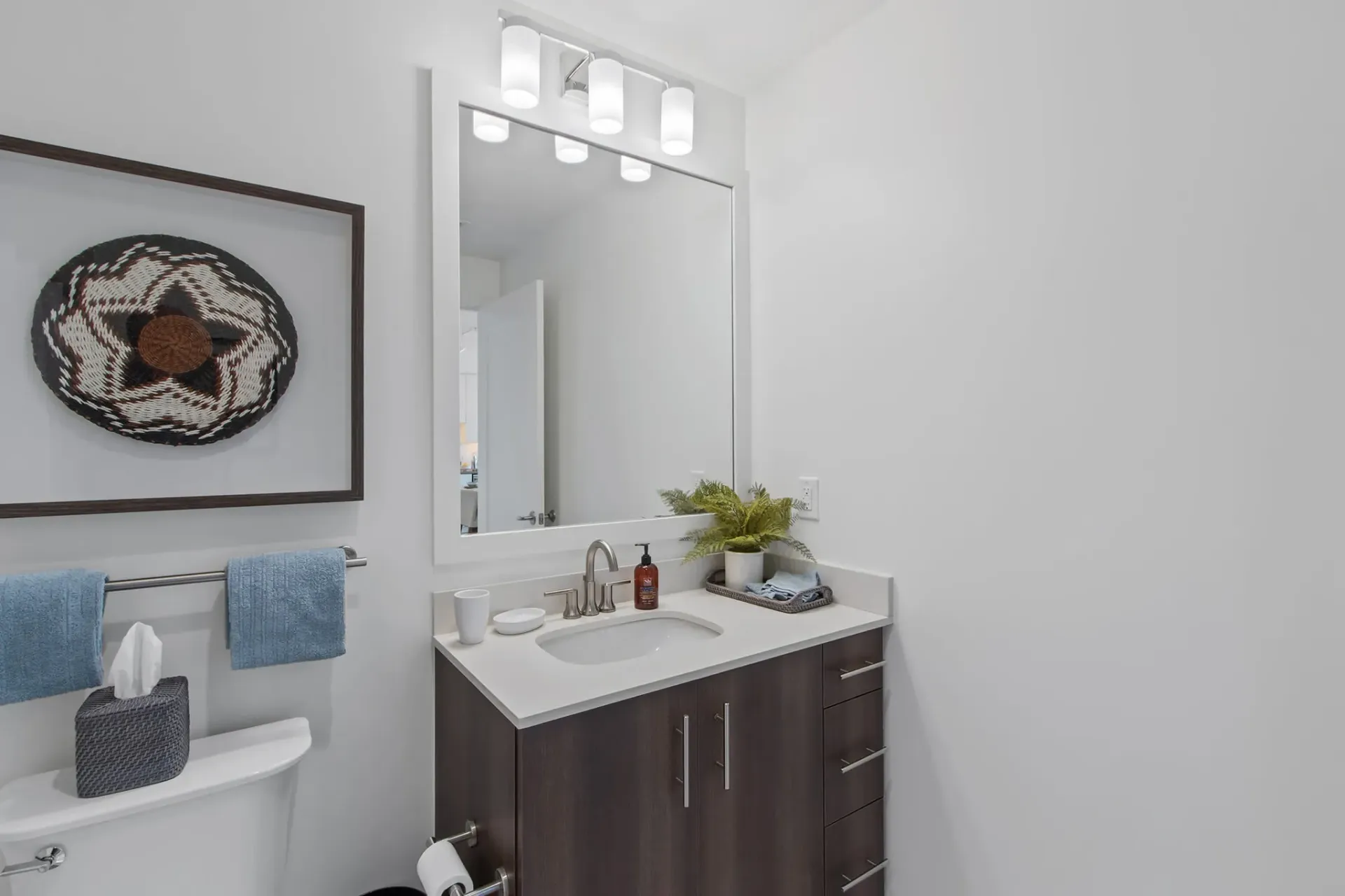 Modern bathroom with a vanity, sink, mirror, toilet, and decorative basket art.