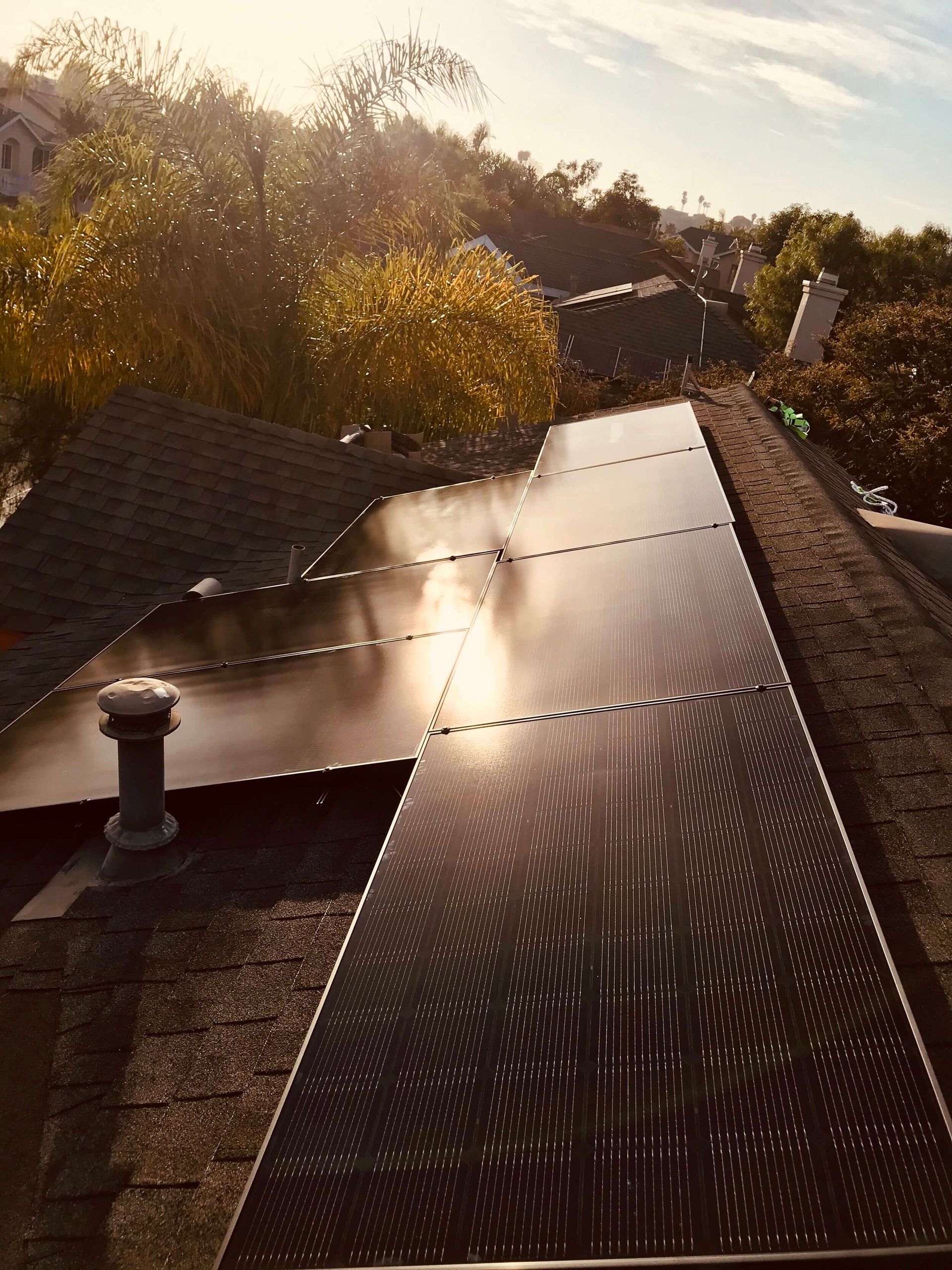 Sunlit rooftop with dark solar panels and a chimney, surrounded by trees at golden hour