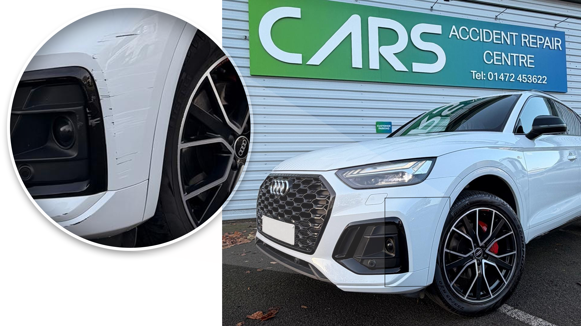 A before-and-after image of a scuff on the paint of a white Audi that was fixed.