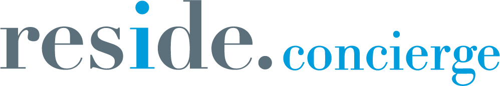 A blue and white logo for reside concierge