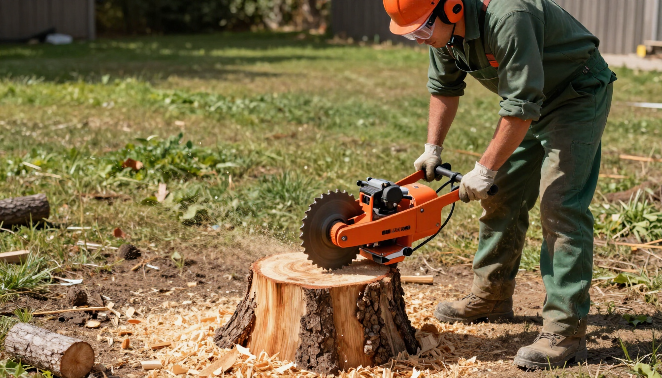 Worker grinds a tree stump with powered equipment during Tree Service in Midvale, UT to clear space for new landscaping.