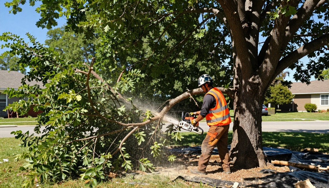 Worker cuts a large tree branch with a chainsaw during Tree Service in Midvale, UT for careful removal and cleanup work.