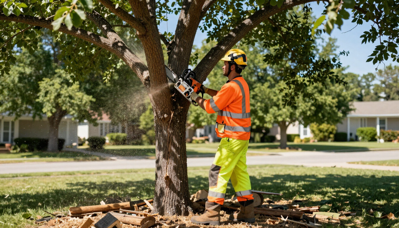 Worker cuts tree trunk with a chainsaw during Tree Service in Midvale, UT for safe removal and residential yard cleanup.