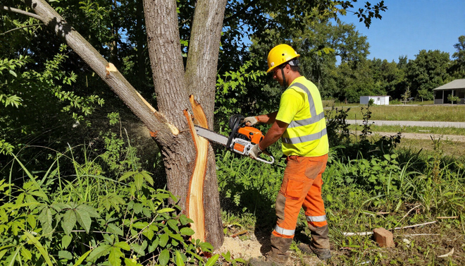 Worker trims the tree trunk with a chainsaw during Tree Service in Midvale, UT to improve clearance around the property.