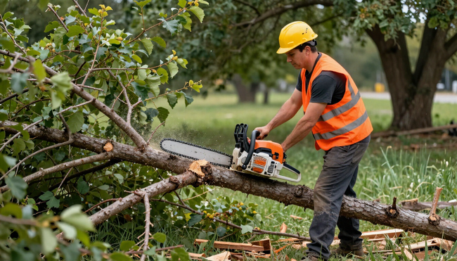 Worker cuts a fallen tree limb with a chainsaw during Tree Service in Midvale, UT for safe removal and property cleanup.