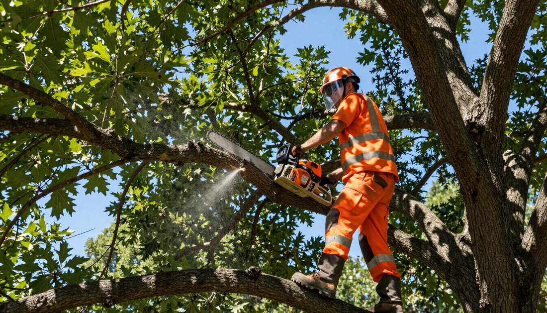 Worker trims leafy branches with pole saw during Tree Service in Midvale, UT to improve canopy shape and yard clearance.