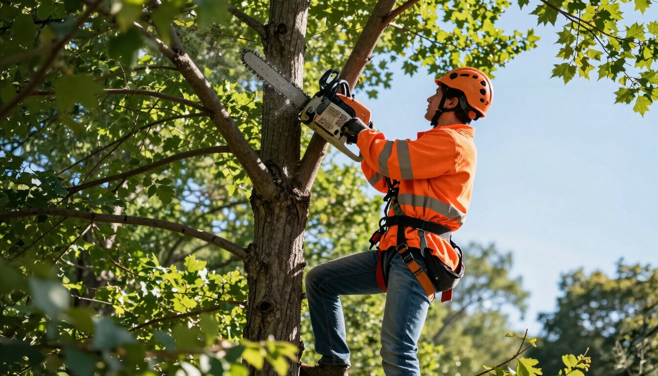 Worker trims limbs high in a mature tree during Tree Service in Midvale, UT to improve canopy clearance and tree health.