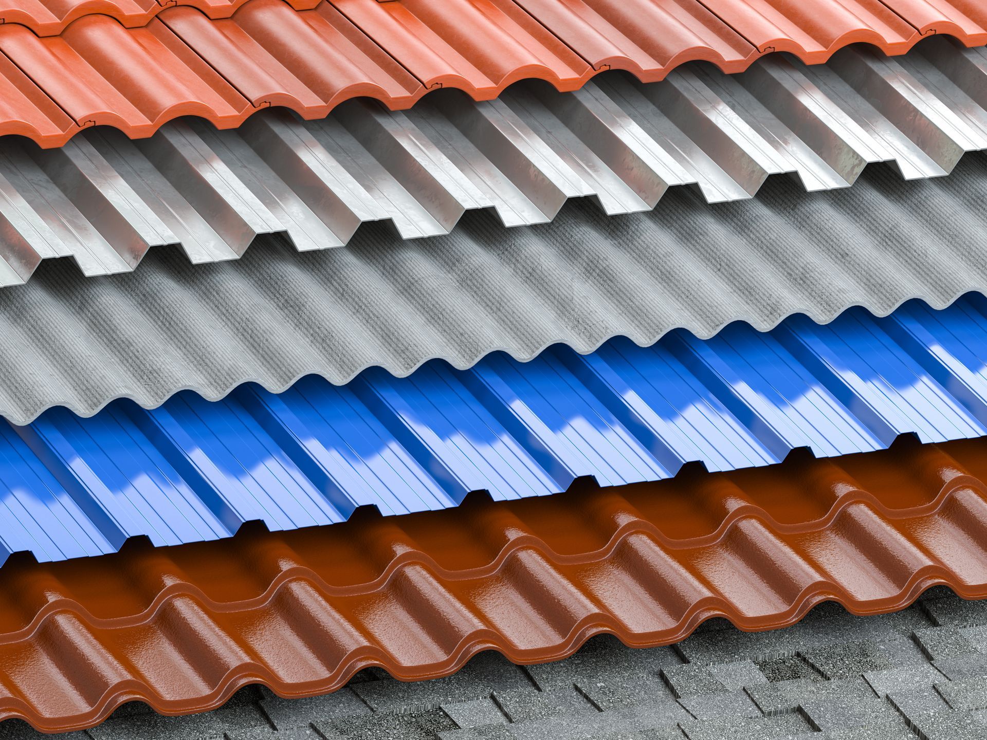 Display of various roofing materials, including metal, corrugated, and tile panels.